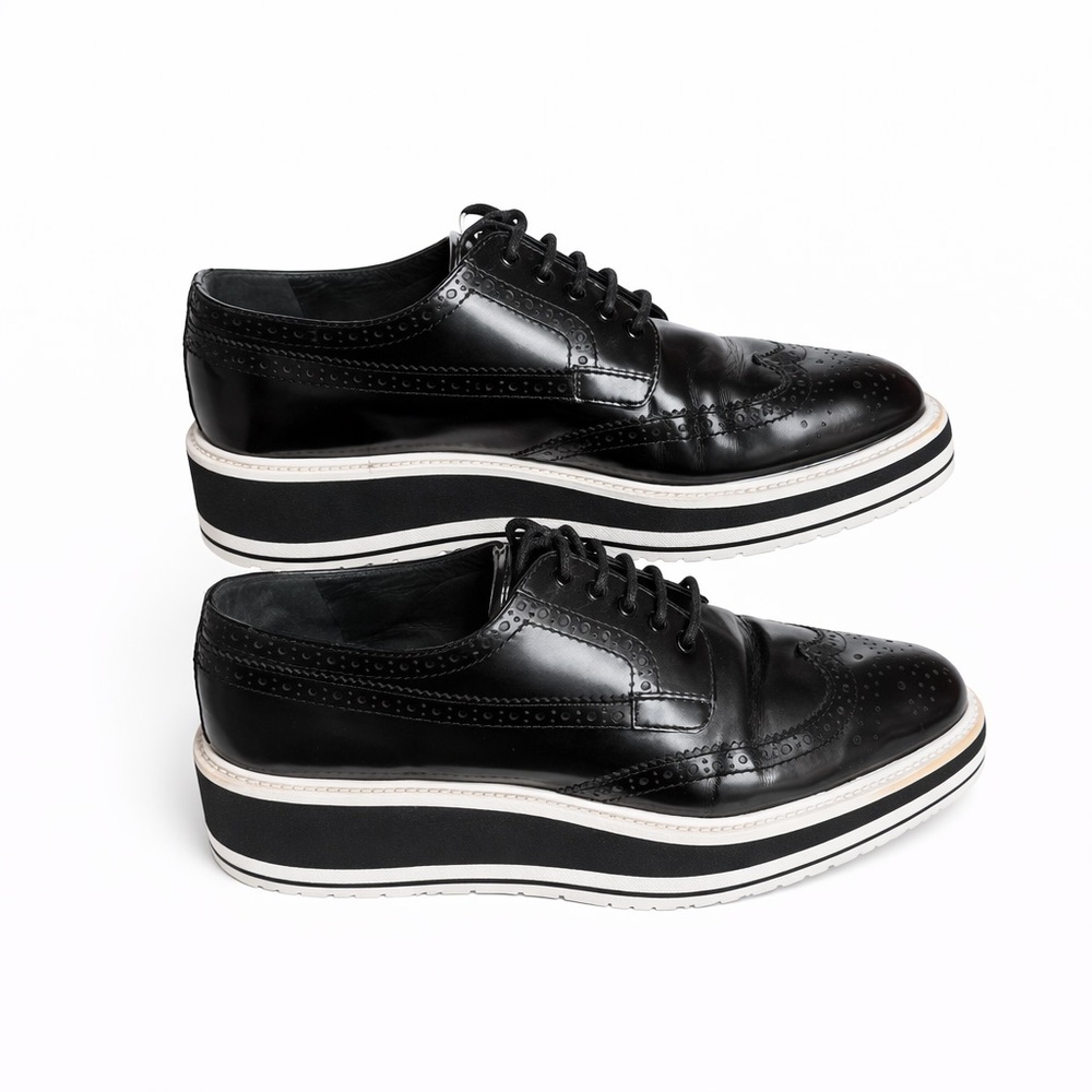 Prada Spazzolato Leather Platform Brogues 36 Black Wingtip Derby Elevated Sole - Picture 6 of 10